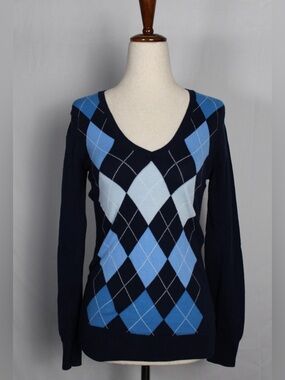 Y2K GAP Navy and Light Blue Argyle V-Neck Sweater